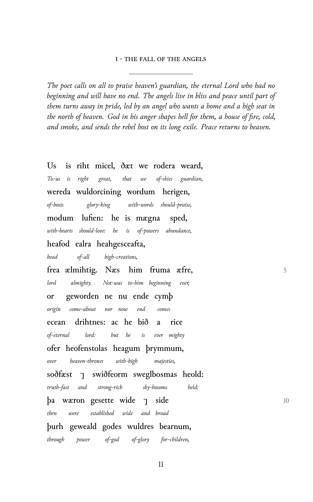 Page 11 of the book: the Old English text with an English word under each word.