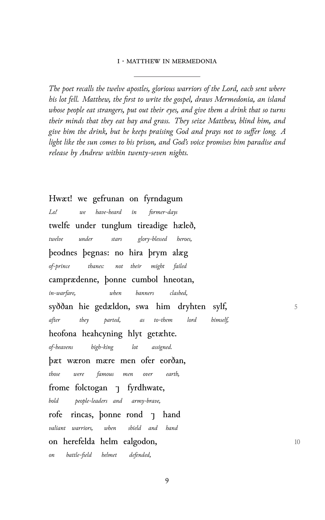 Page 9 of the book: the Old English text with an English word under each word.