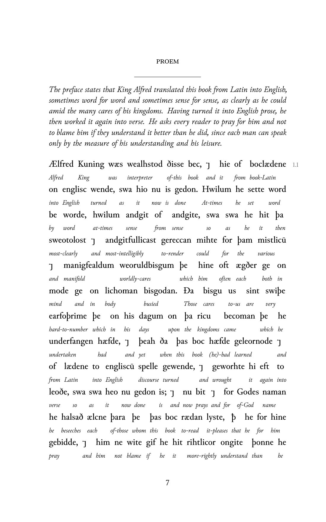 Page 7 of the book: the Old English text with an English word under each word.