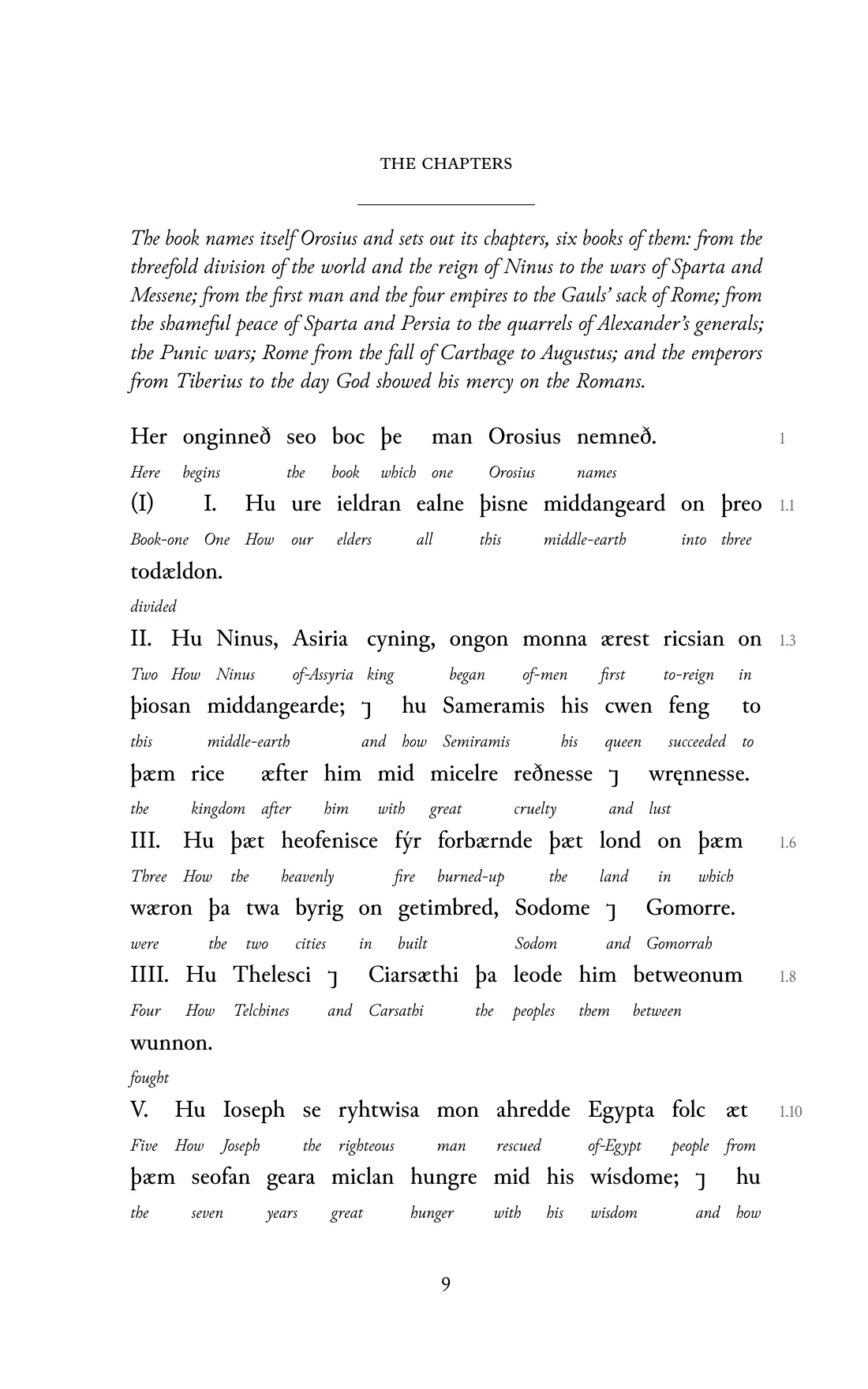 Page 9 of the book: the Old English text with an English word under each word.