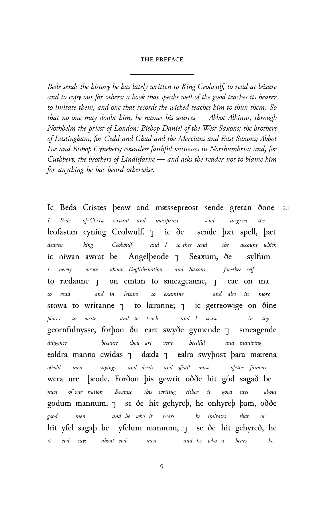 Page 9 of the book: the Old English text with an English word under each word.