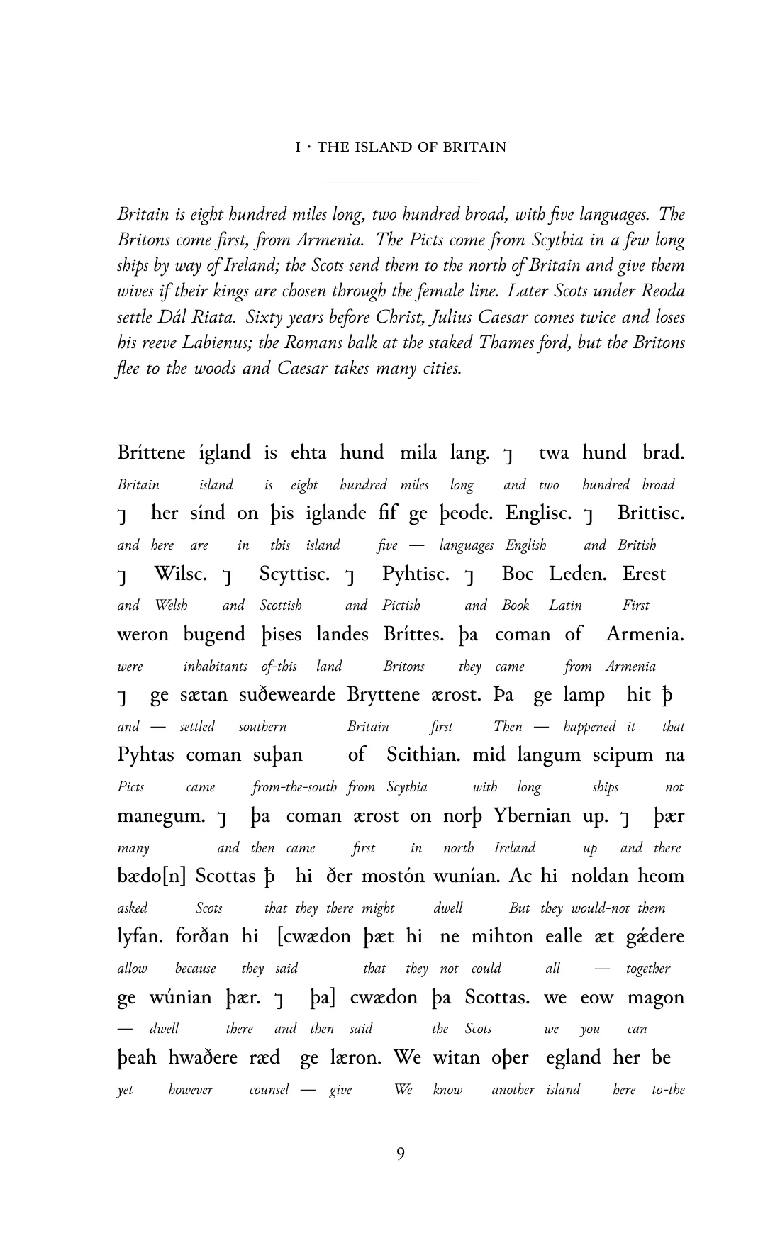 Page 9 of the book: the Old English text with an English word under each word.