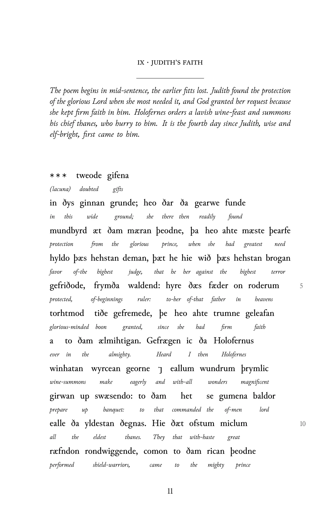 Page 11 of the book: the Old English text with an English word under each word.