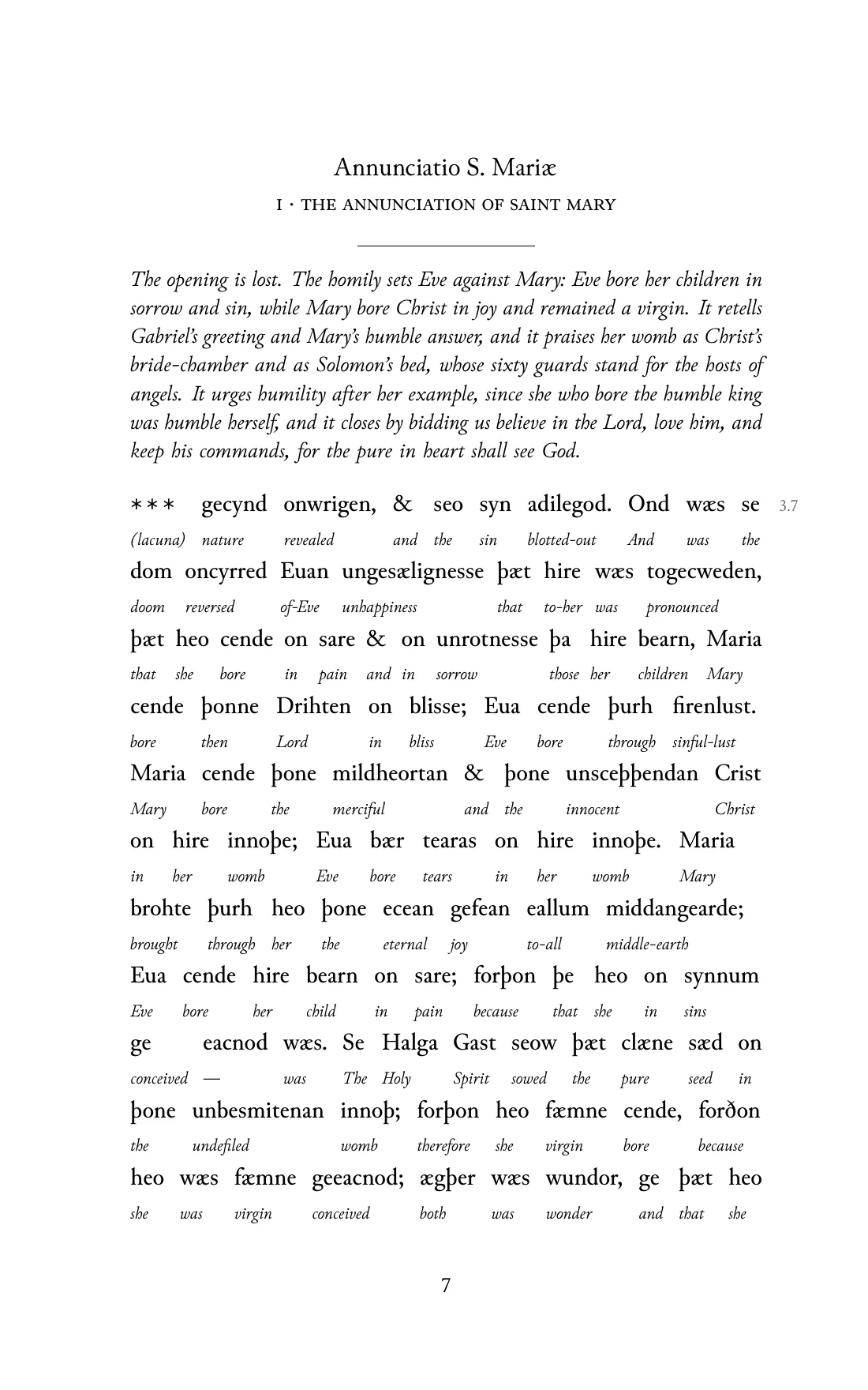 Page 7 of the book: the Old English text with an English word under each word.