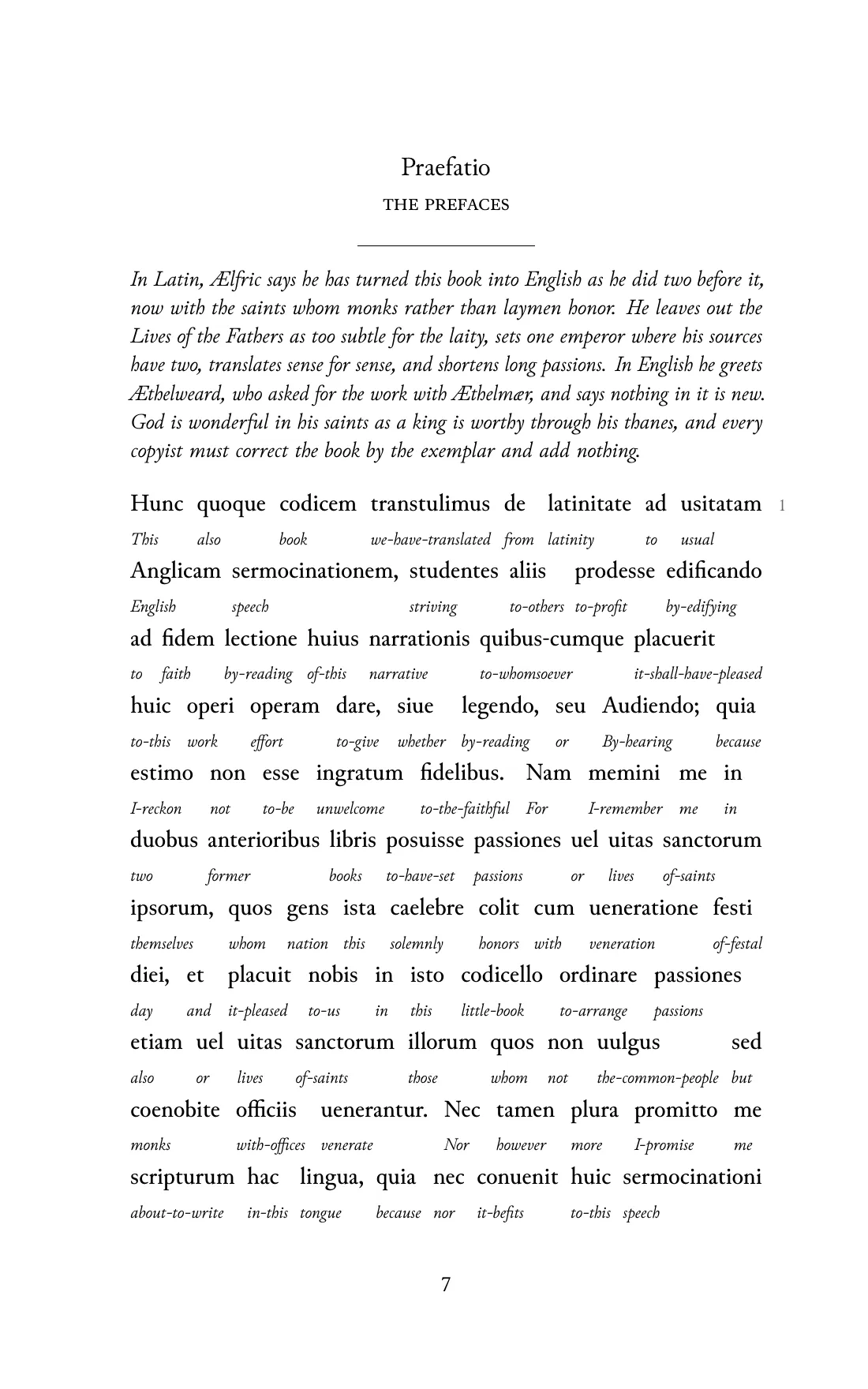 Page 7 of the book: the Old English text with an English word under each word.