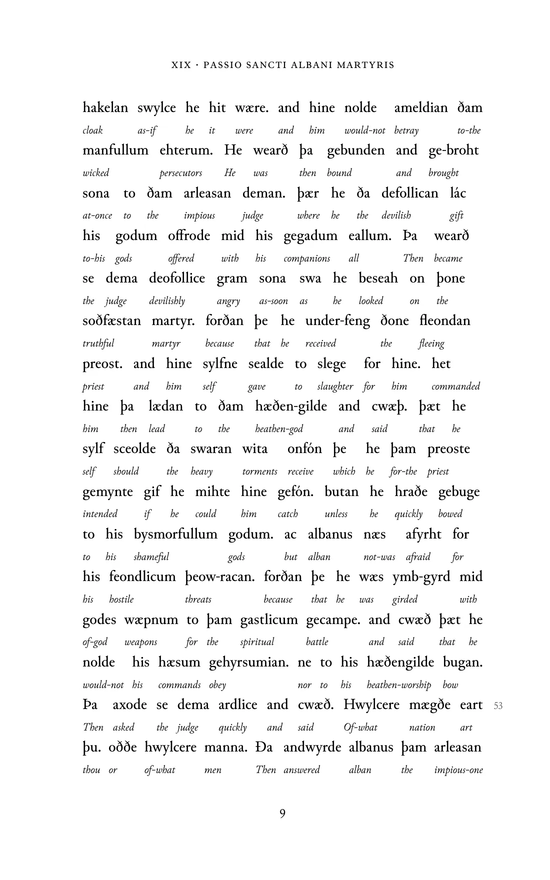 Page 9 of the book: the Old English text with an English word under each word.