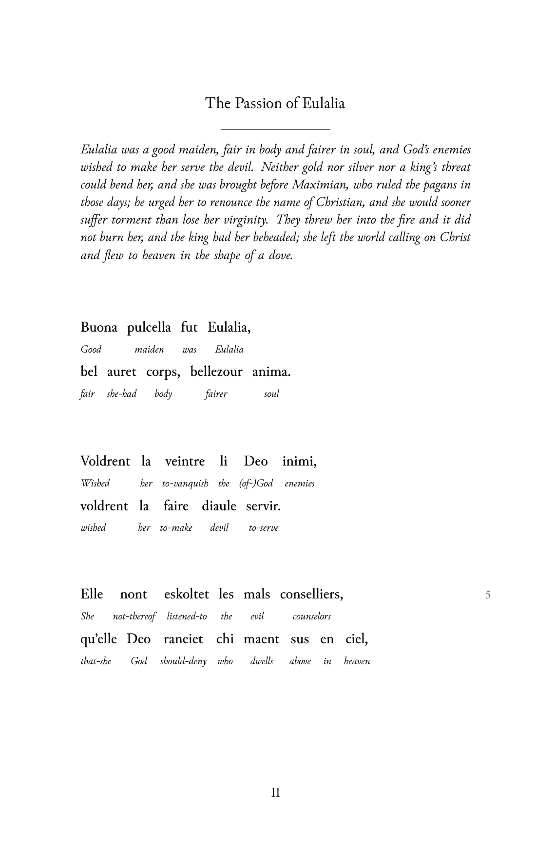 Page 11 of the book: the Old French text with an English word under each word.