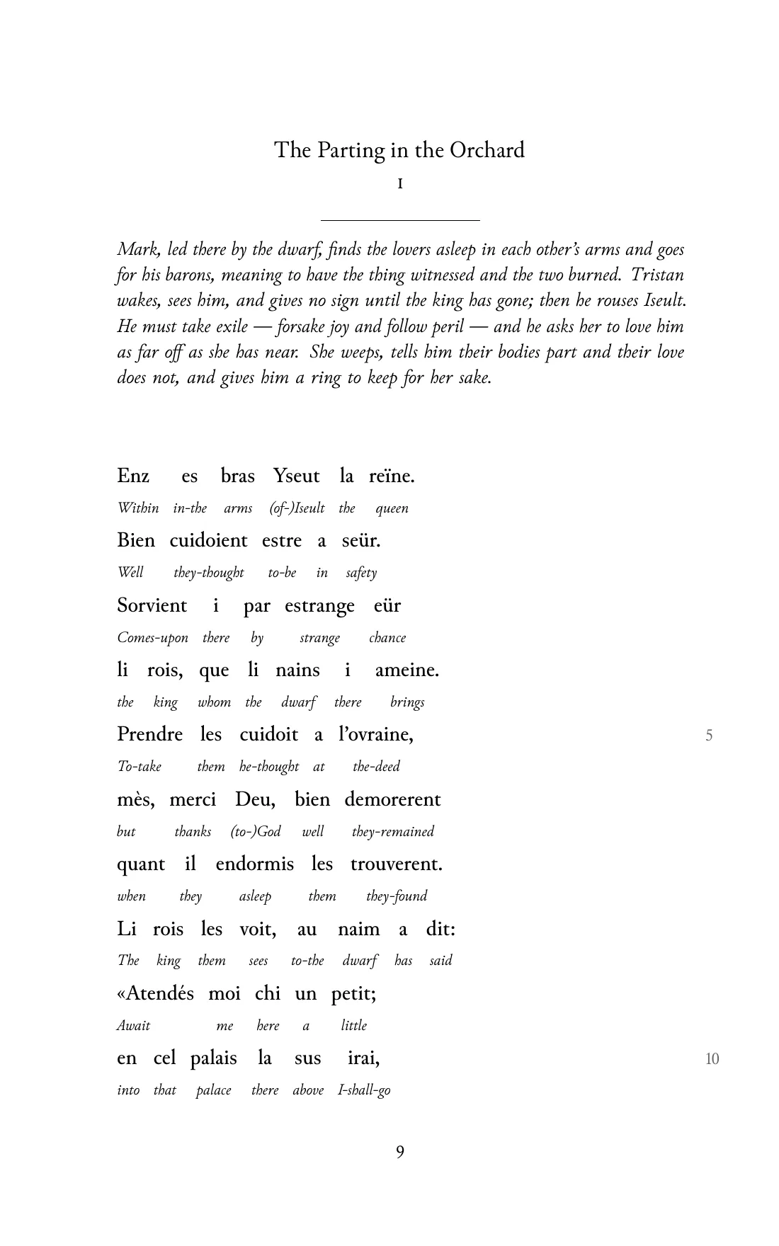 Page 9 of the book: the Old French text with an English word under each word.