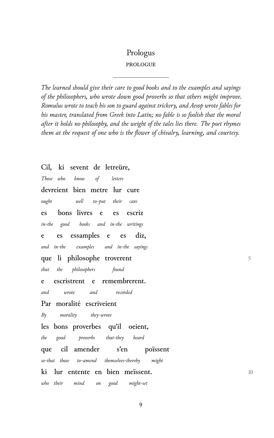 Page 9 of the book: the Old French text with an English word under each word.