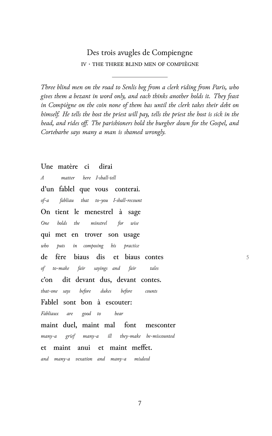 Page 7 of the book: the Old French text with an English word under each word.
