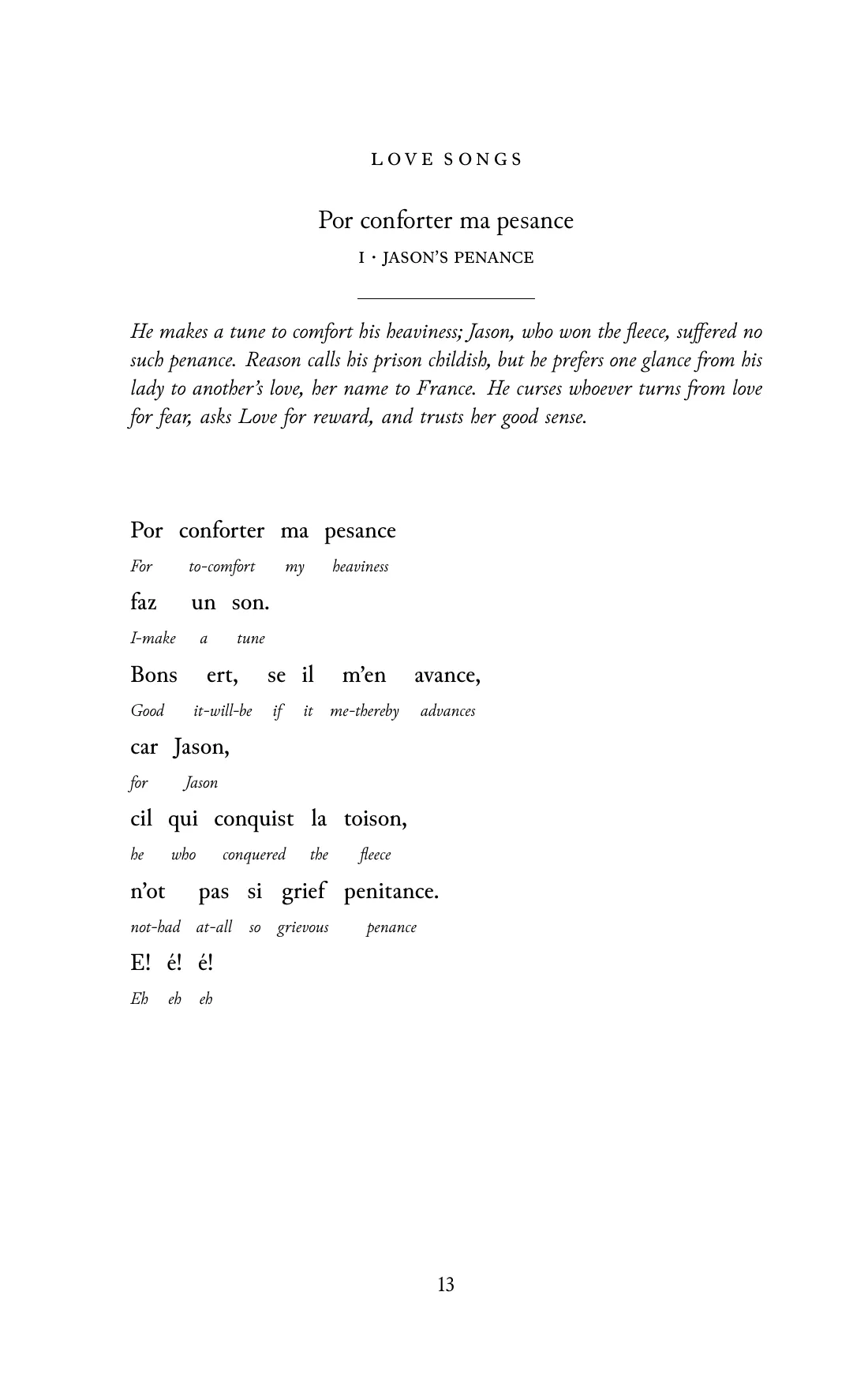 Page 13 of the book: the Old French text with an English word under each word.