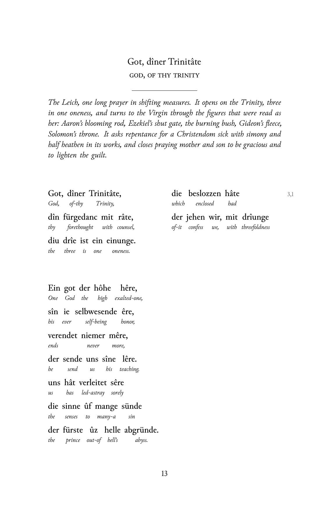 Page 13 of the book: the Middle High German text with an English word under each word.