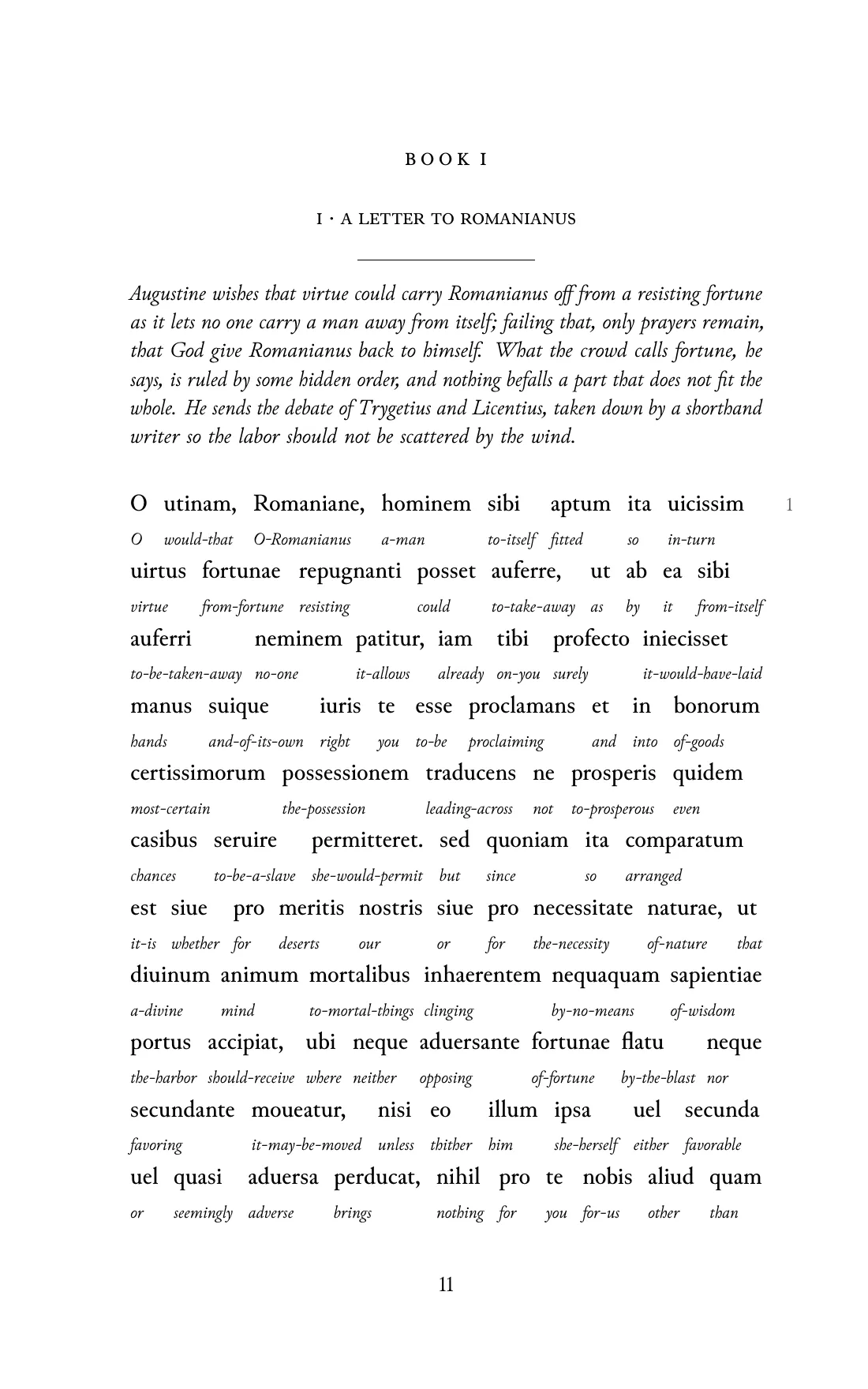 Page 11 of the book: the Classical Latin text with an English word under each word.