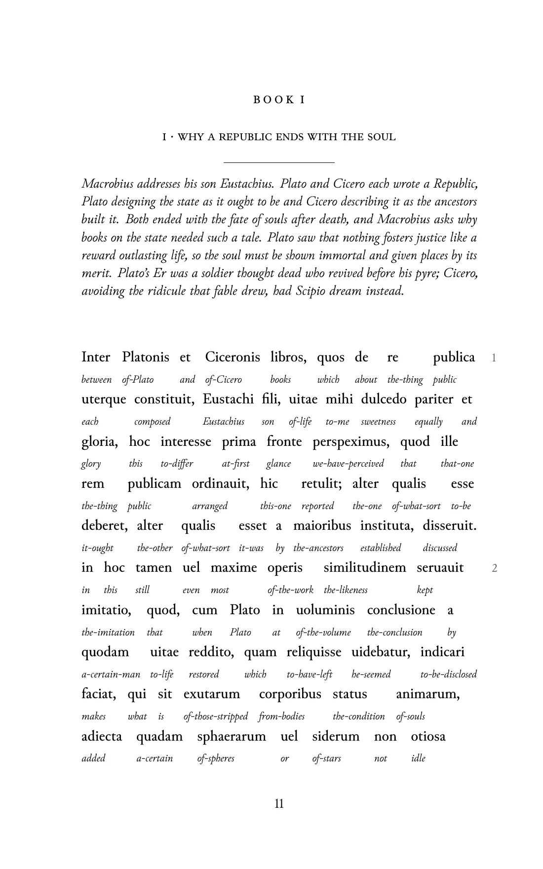 Page 11 of the book: the Classical Latin text with an English word under each word.