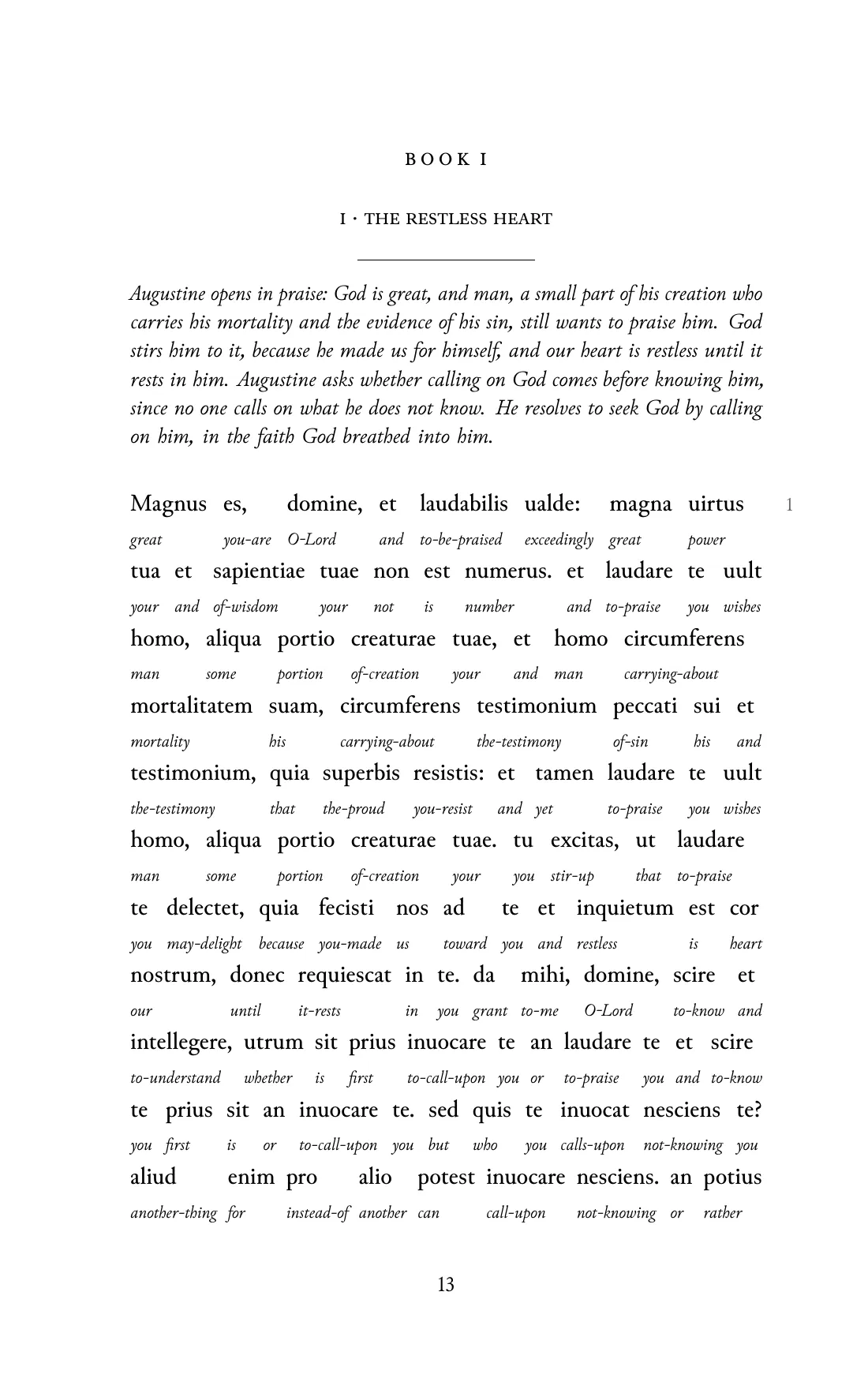Page 13 of the book: the Classical Latin text with an English word under each word.