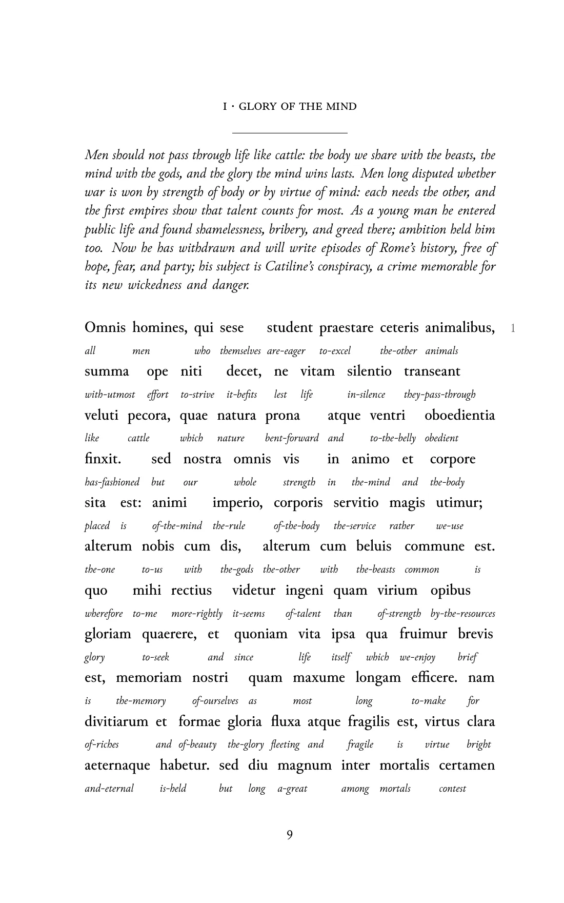 Page 9 of the book: the Classical Latin text with an English word under each word.