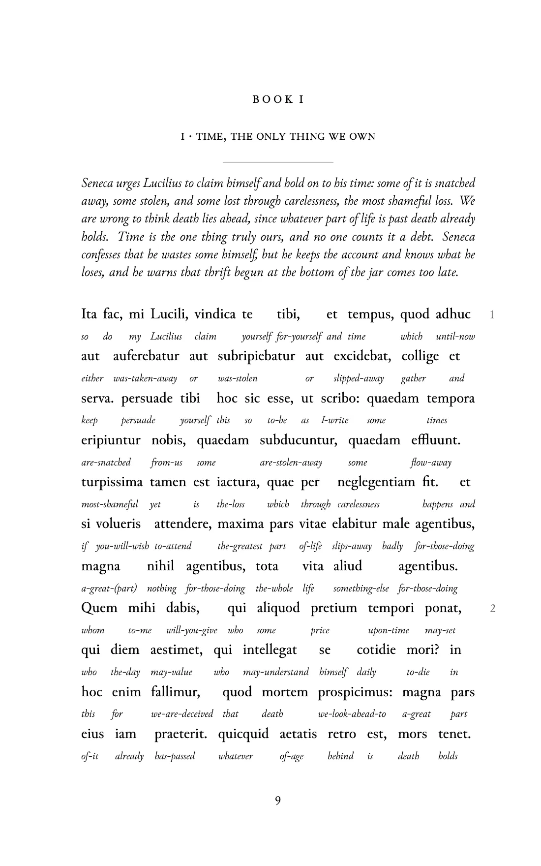 Page 9 of the book: the Classical Latin text with an English word under each word.