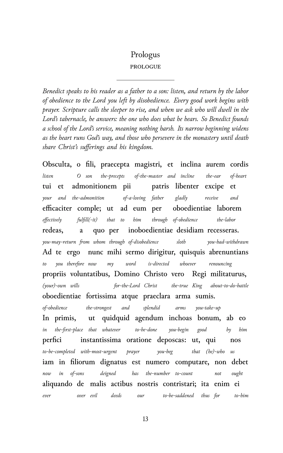Page 13 of the book: the Medieval Latin text with an English word under each word.
