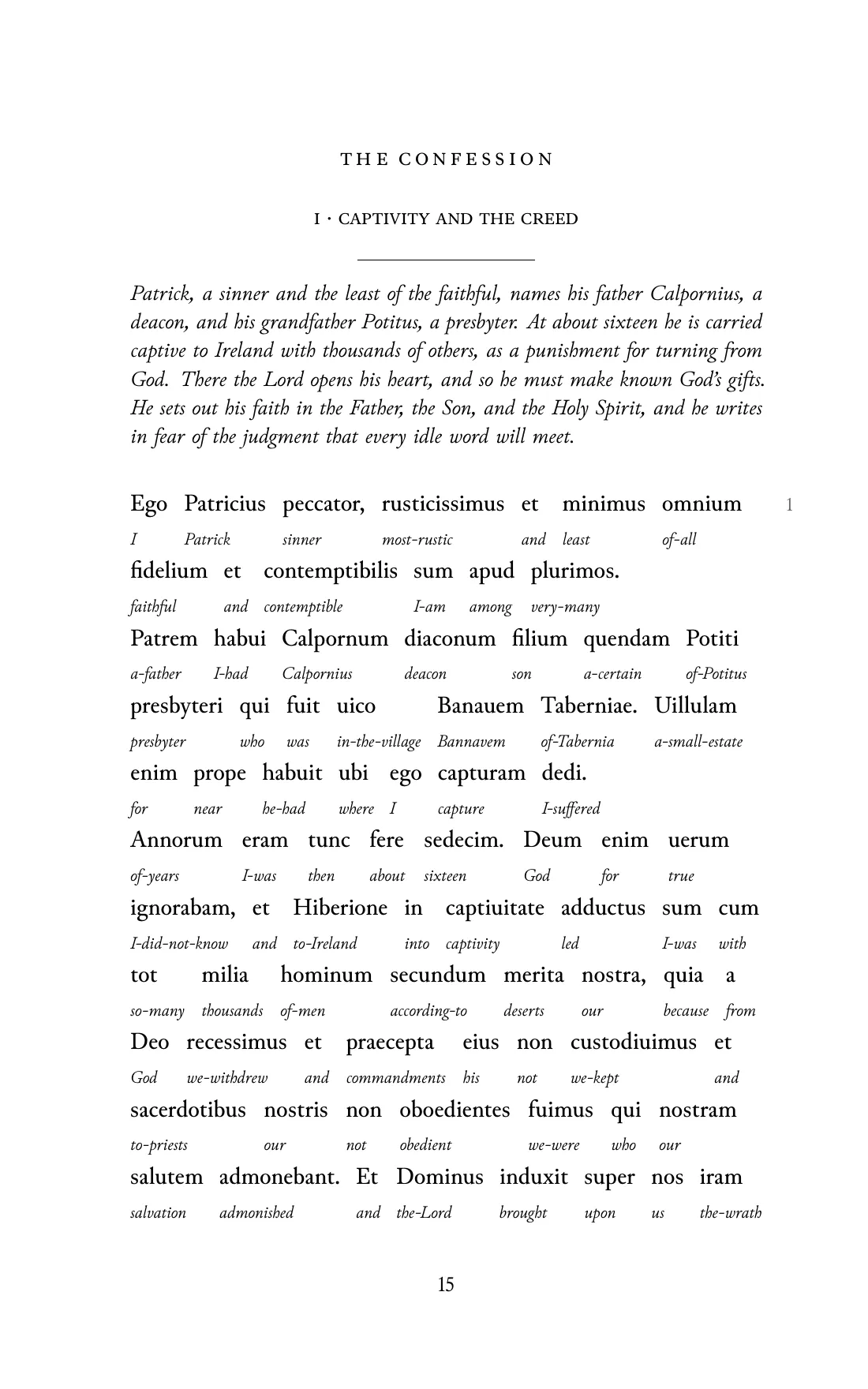Page 15 of the book: the Medieval Latin text with an English word under each word.