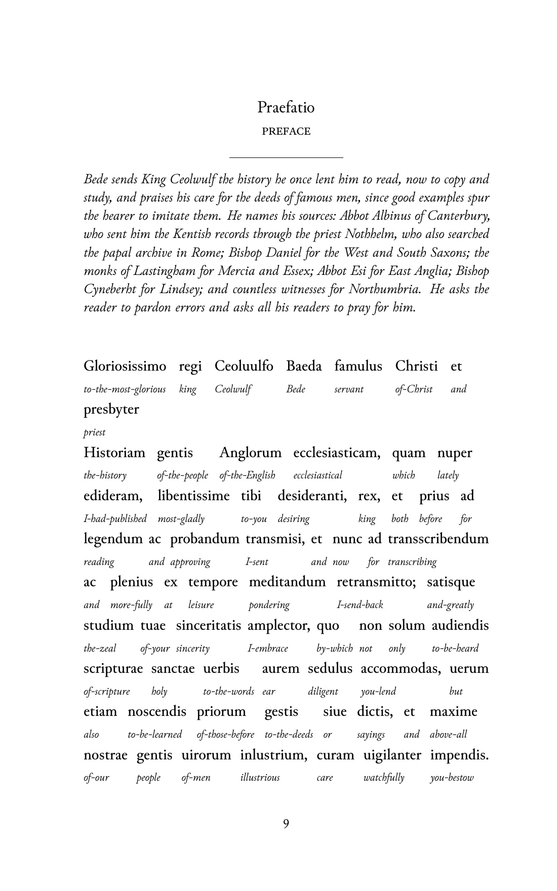 Page 9 of the book: the Medieval Latin text with an English word under each word.