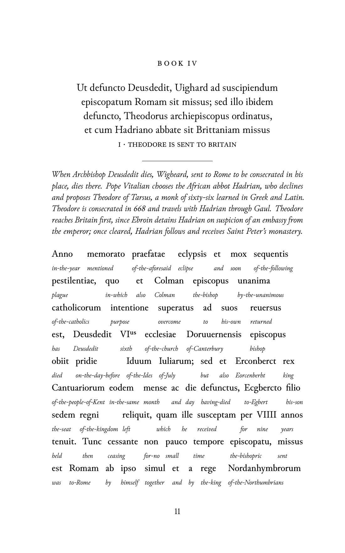 Page 11 of the book: the Medieval Latin text with an English word under each word.