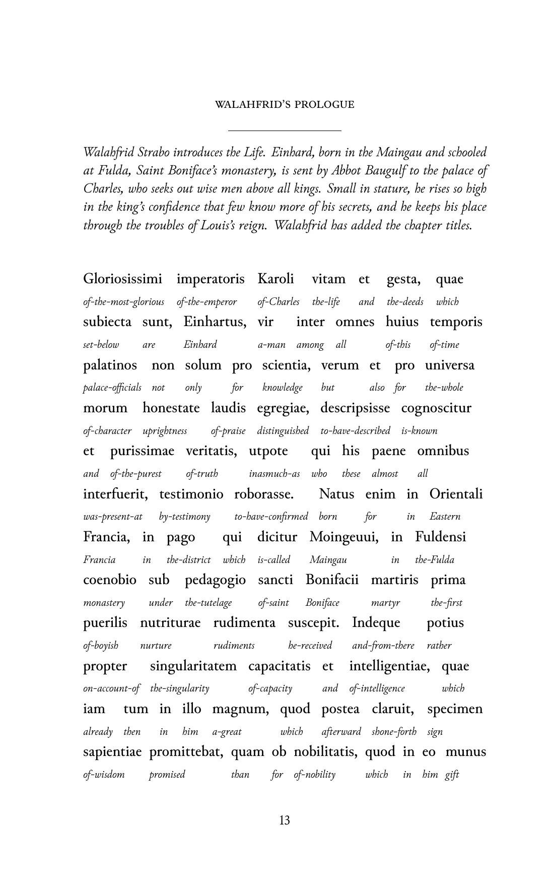 Page 13 of the book: the Medieval Latin text with an English word under each word.