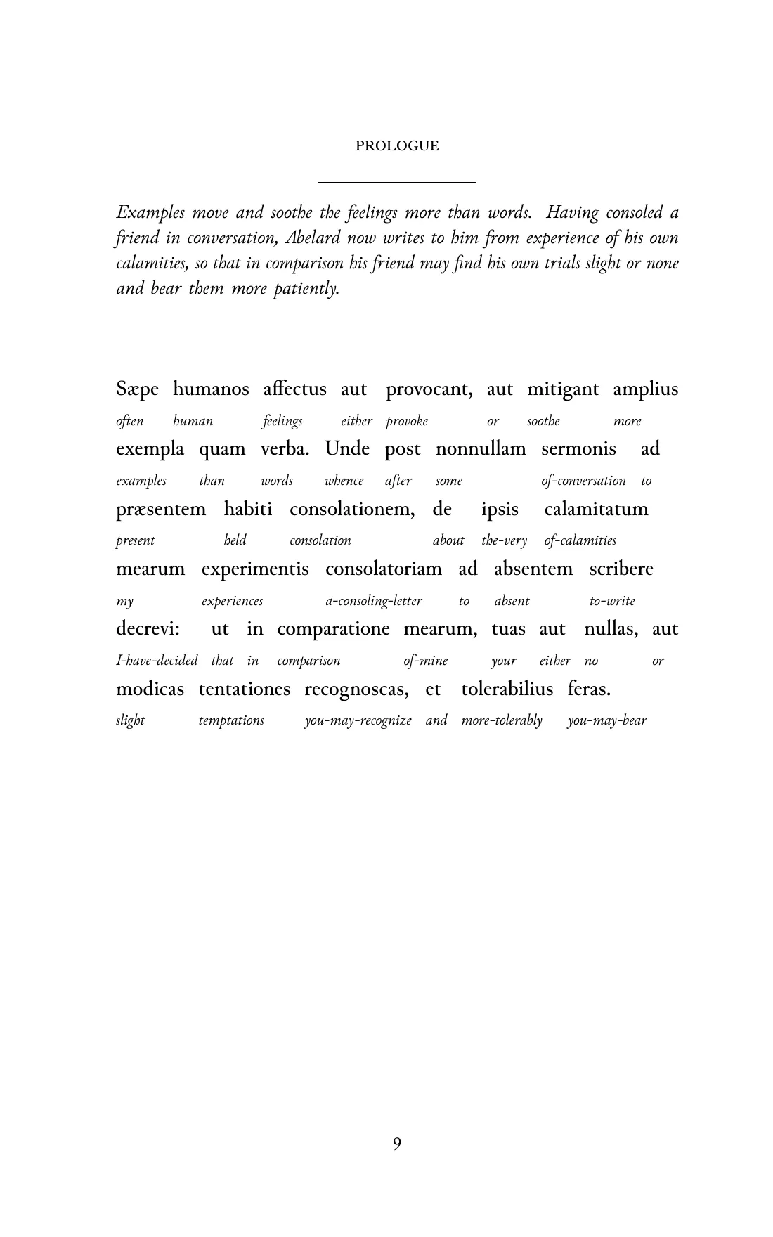 Page 9 of the book: the Medieval Latin text with an English word under each word.