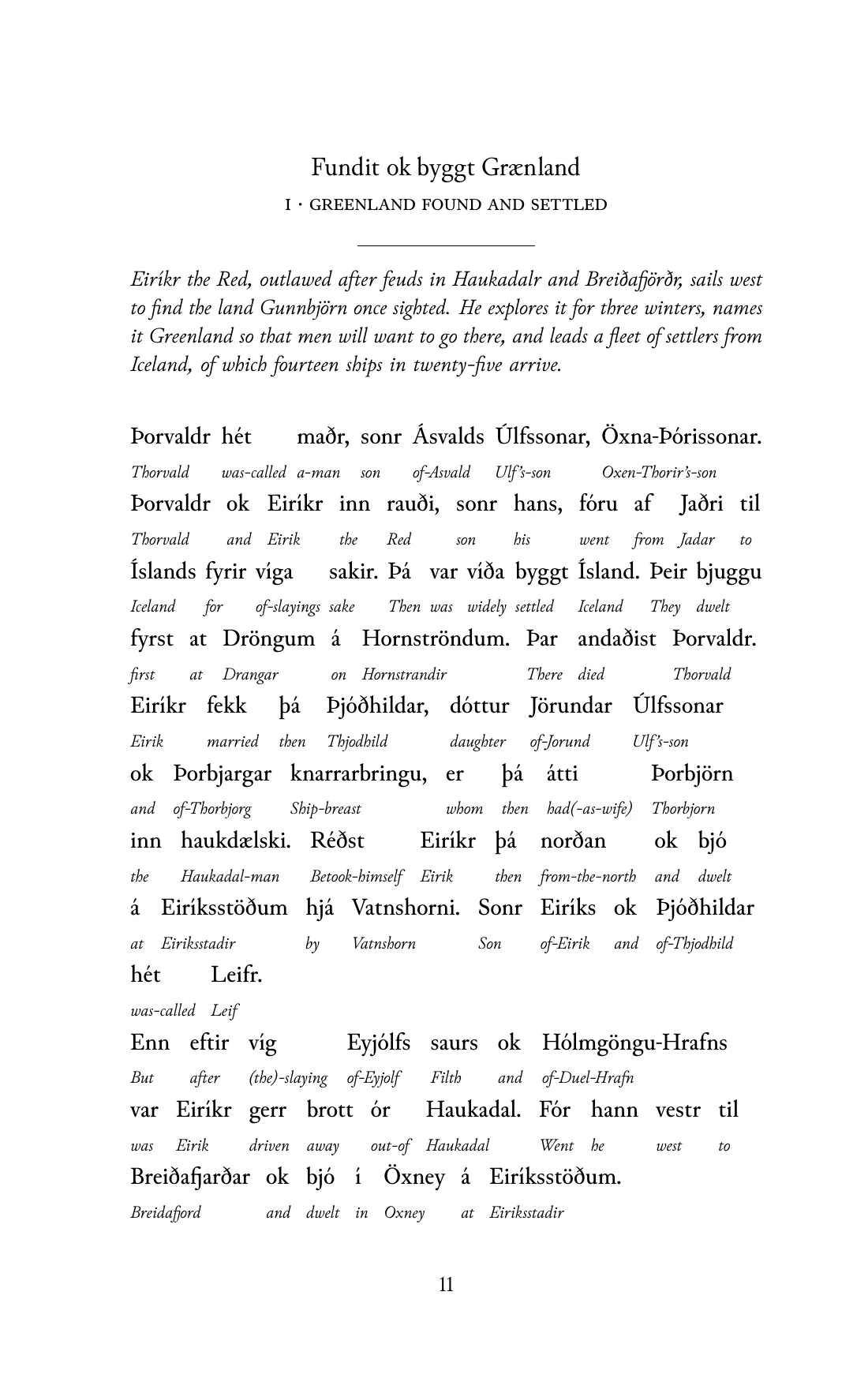 Page 11 of the book: the Old Norse text with an English word under each word.