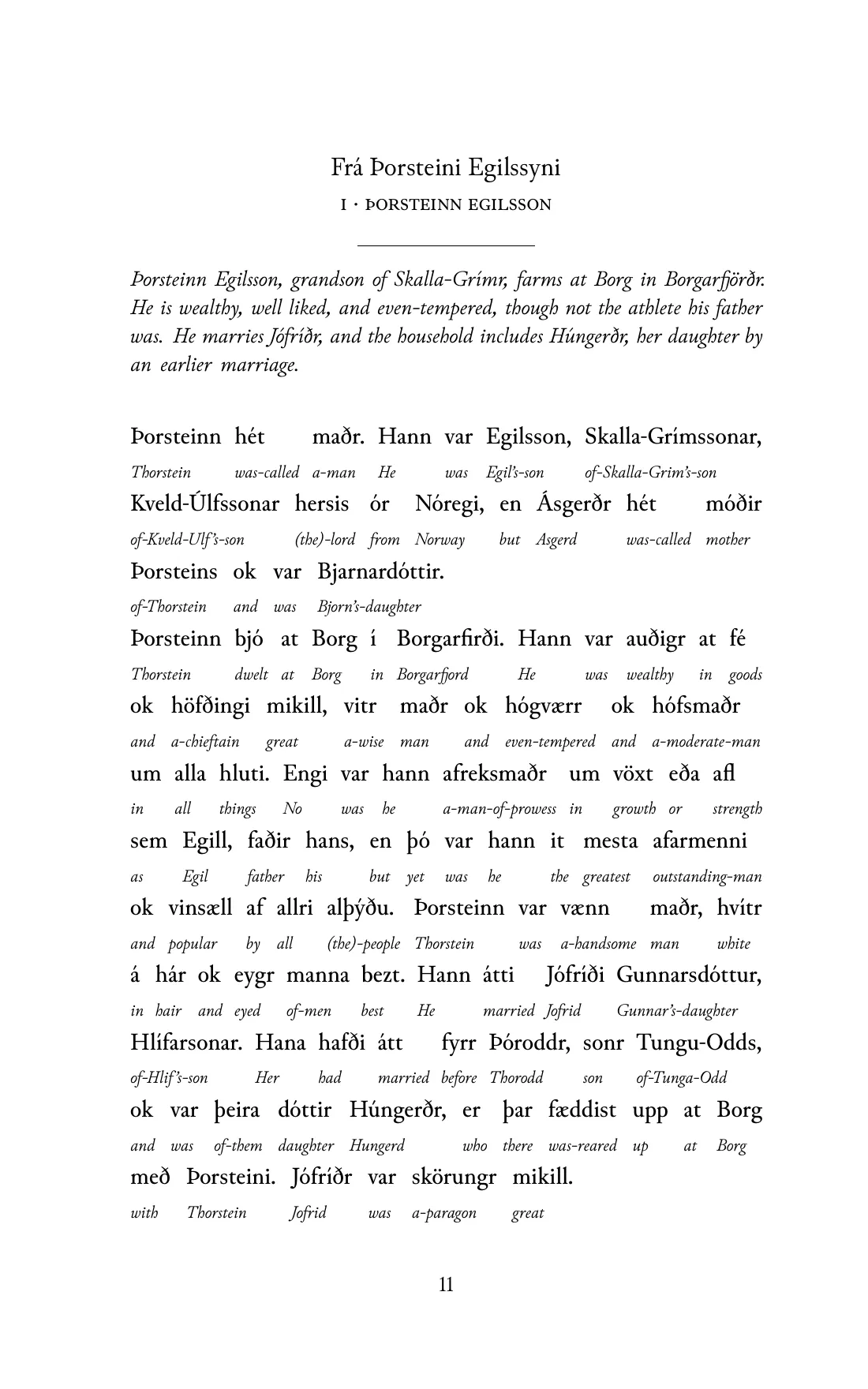 Page 11 of the book: the Old Norse text with an English word under each word.