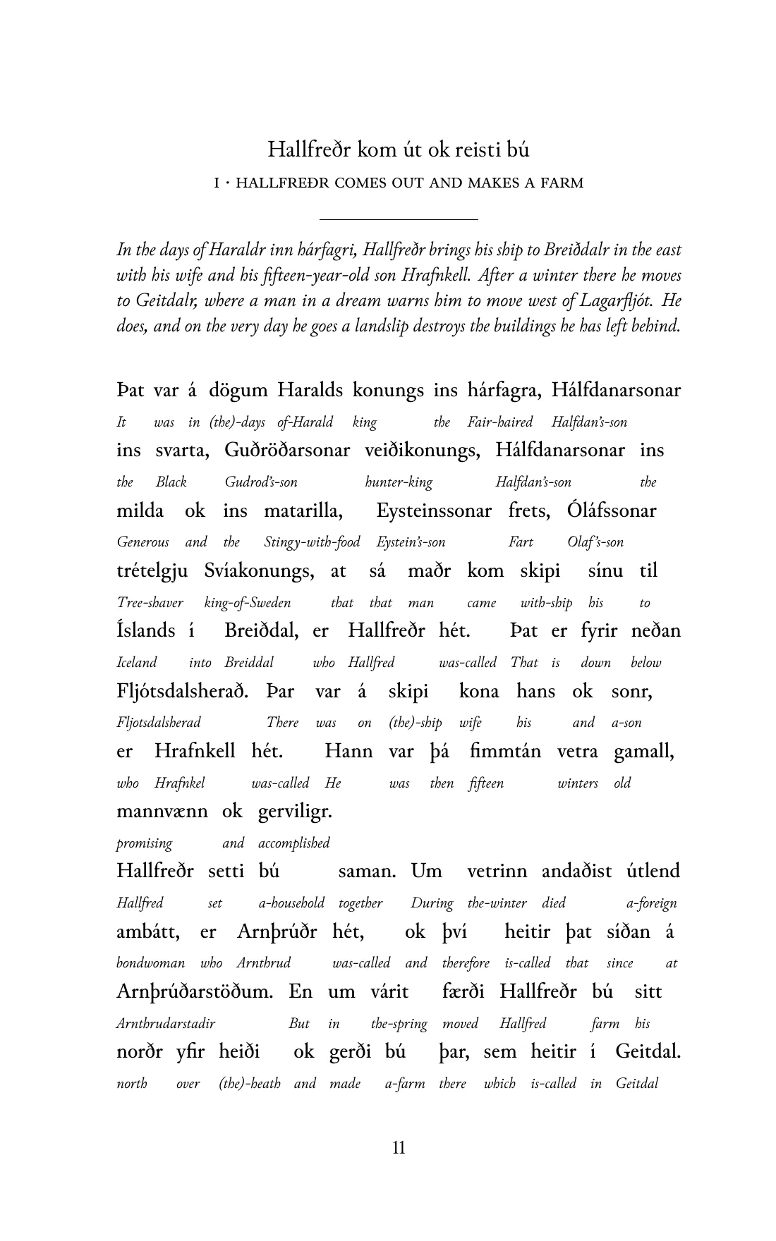Page 11 of the book: the Old Norse text with an English word under each word.