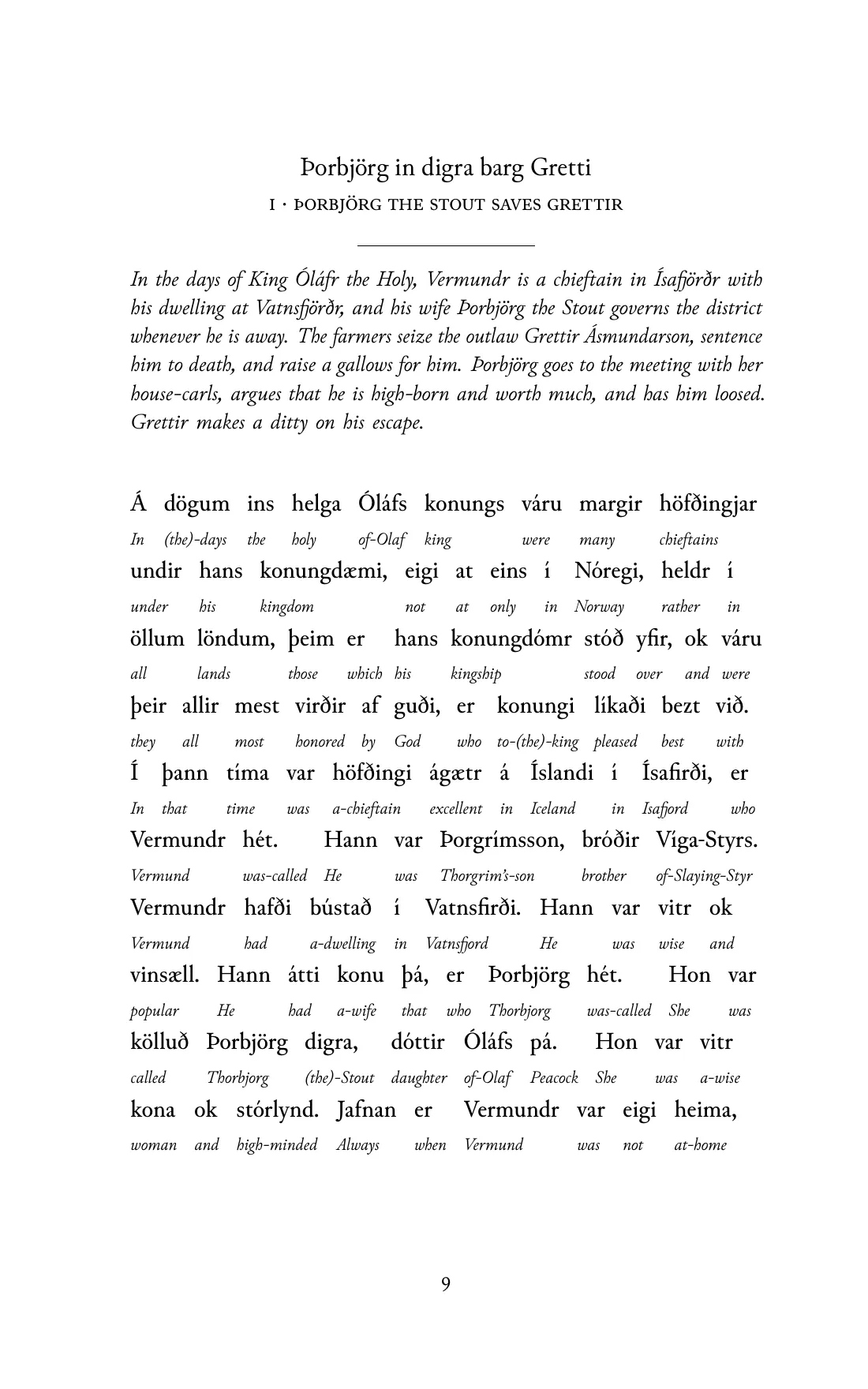 Page 9 of the book: the Old Norse text with an English word under each word.