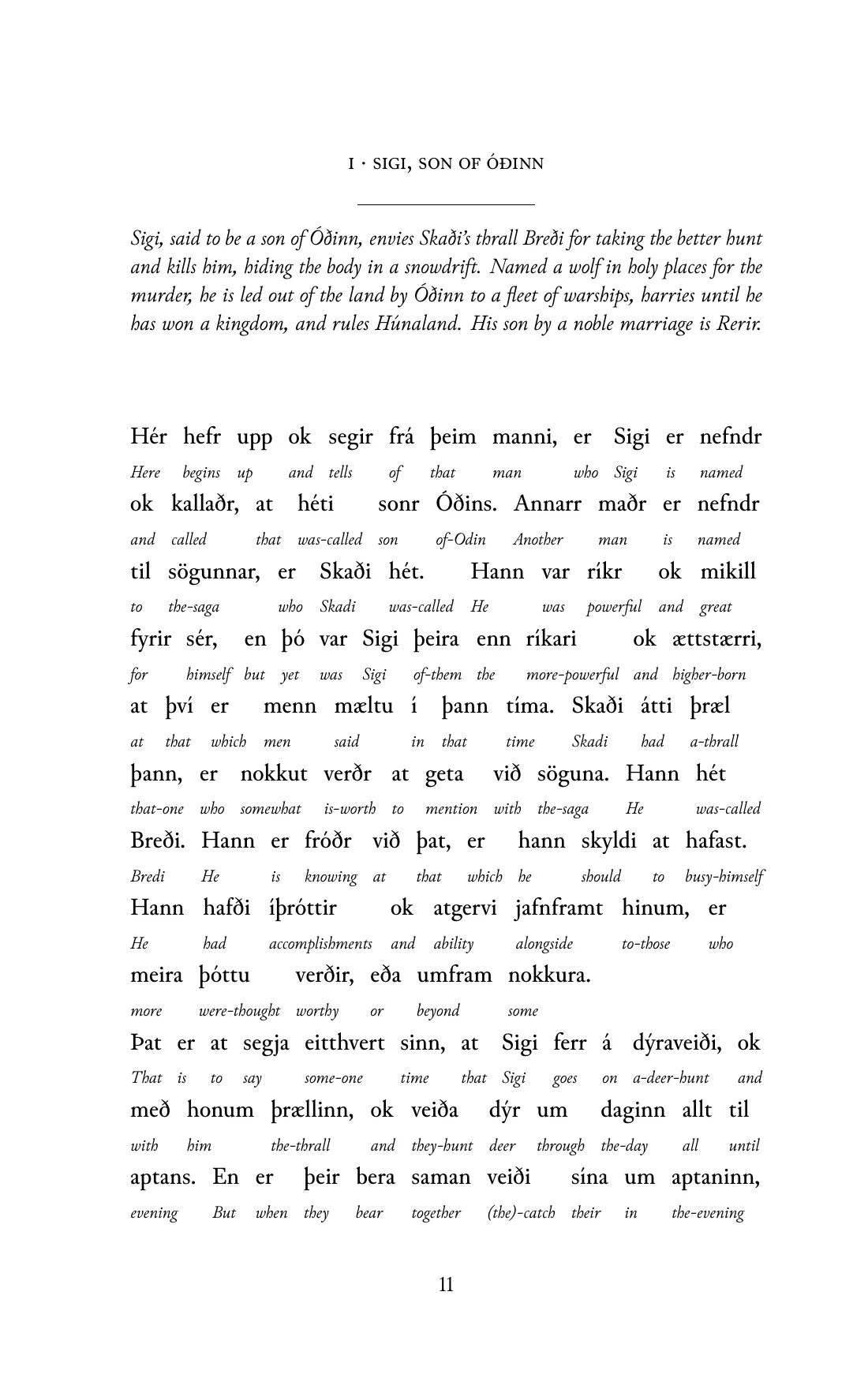 Page 11 of the book: the Old Norse text with an English word under each word.