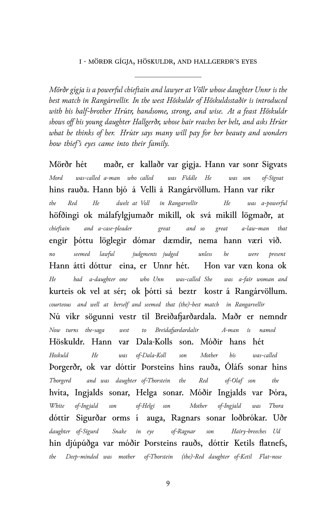 Page 9 of the book: the Old Norse text with an English word under each word.