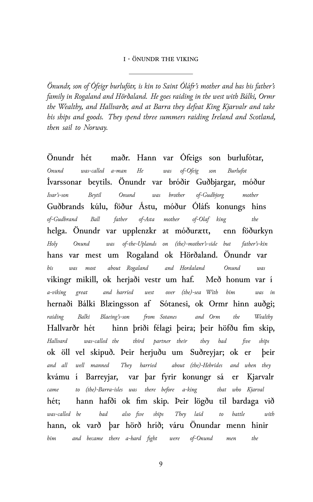 Page 9 of the book: the Old Norse text with an English word under each word.
