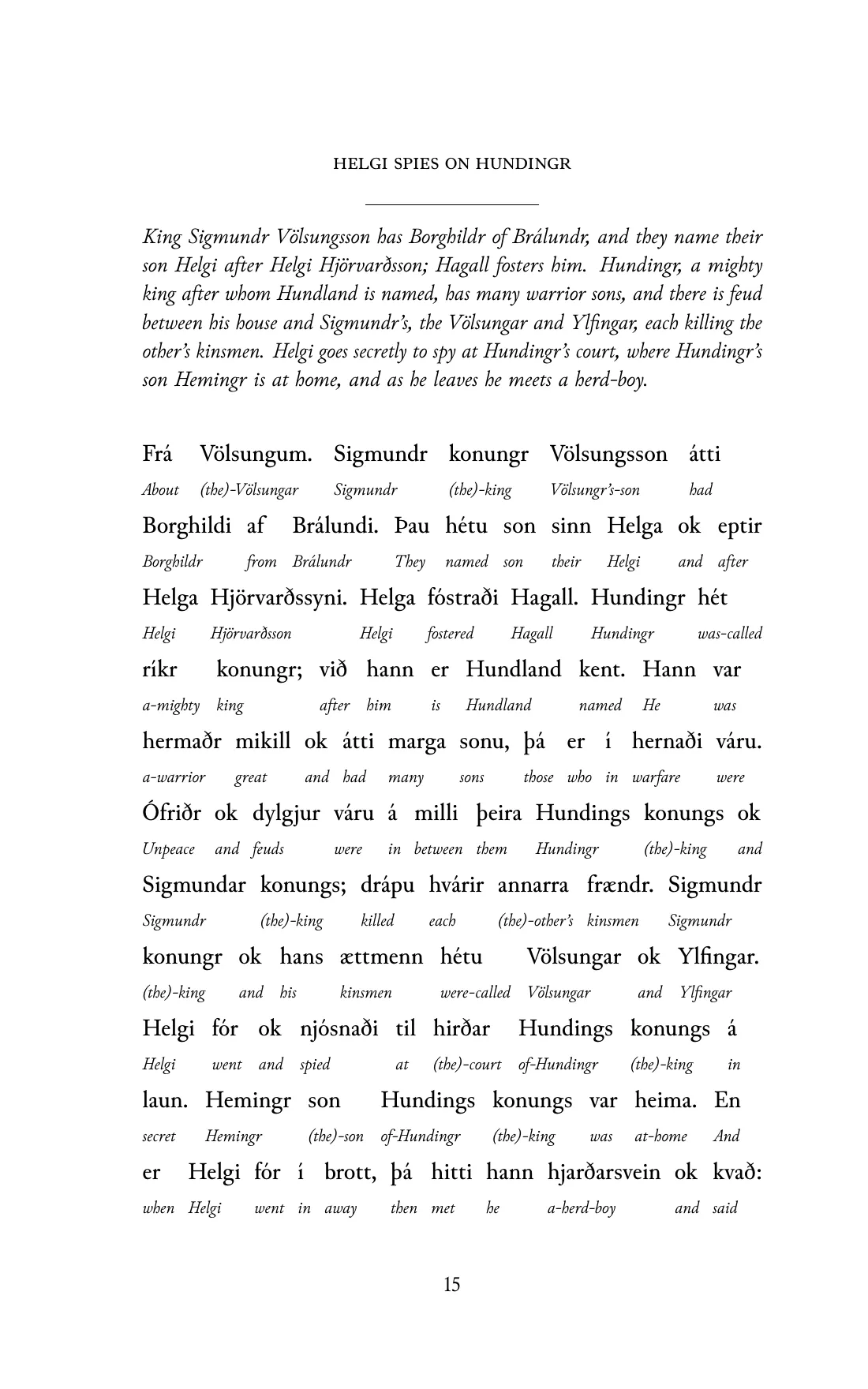 Page 15 of the book: the Old Norse text with an English word under each word.