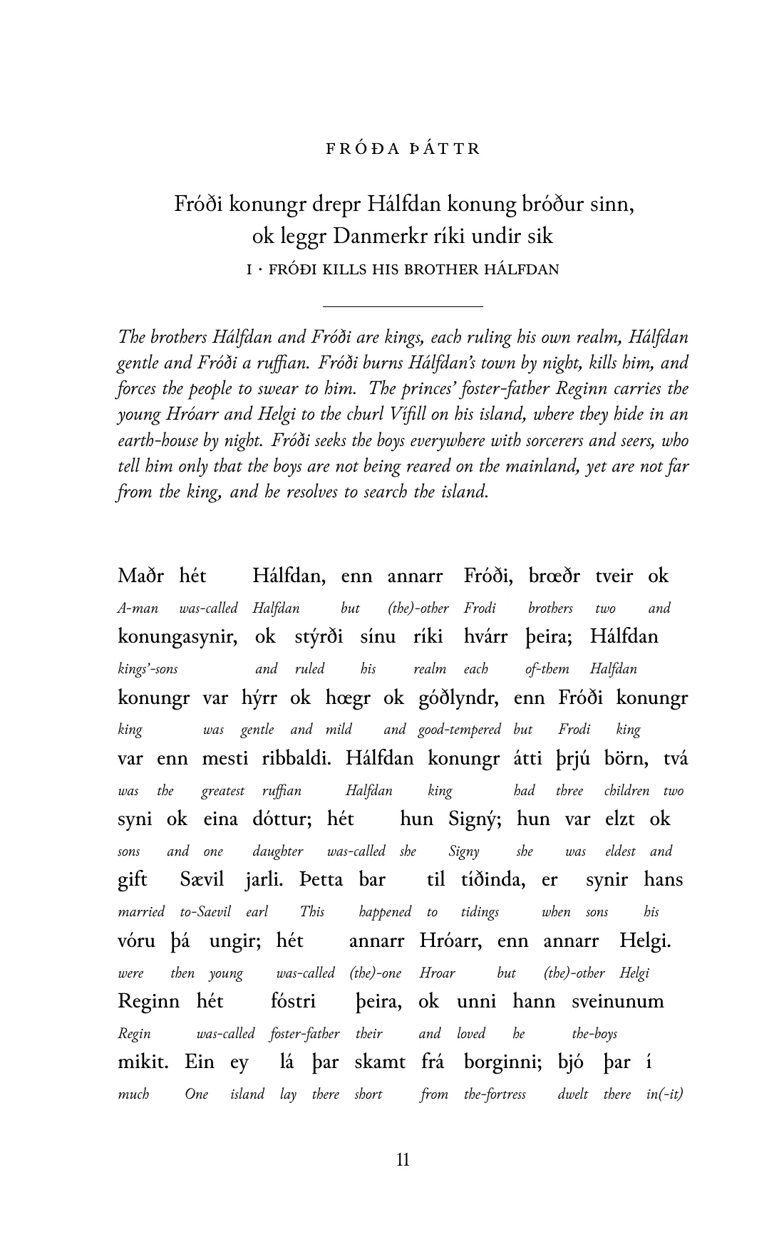 Page 11 of the book: the Old Norse text with an English word under each word.