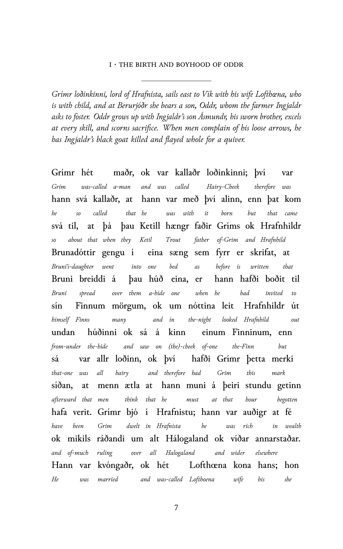 Page 7 of the book: the Old Norse text with an English word under each word.