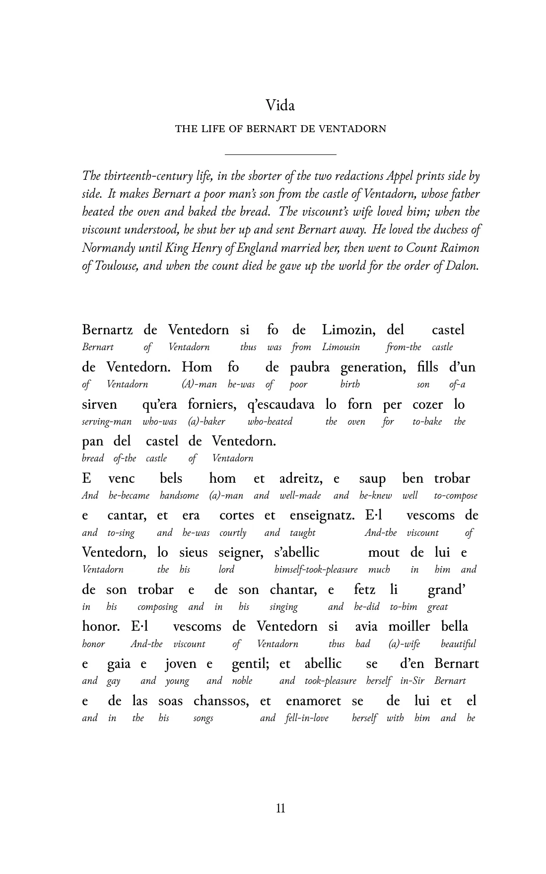 Page 11 of the book: the Old Occitan text with an English word under each word.