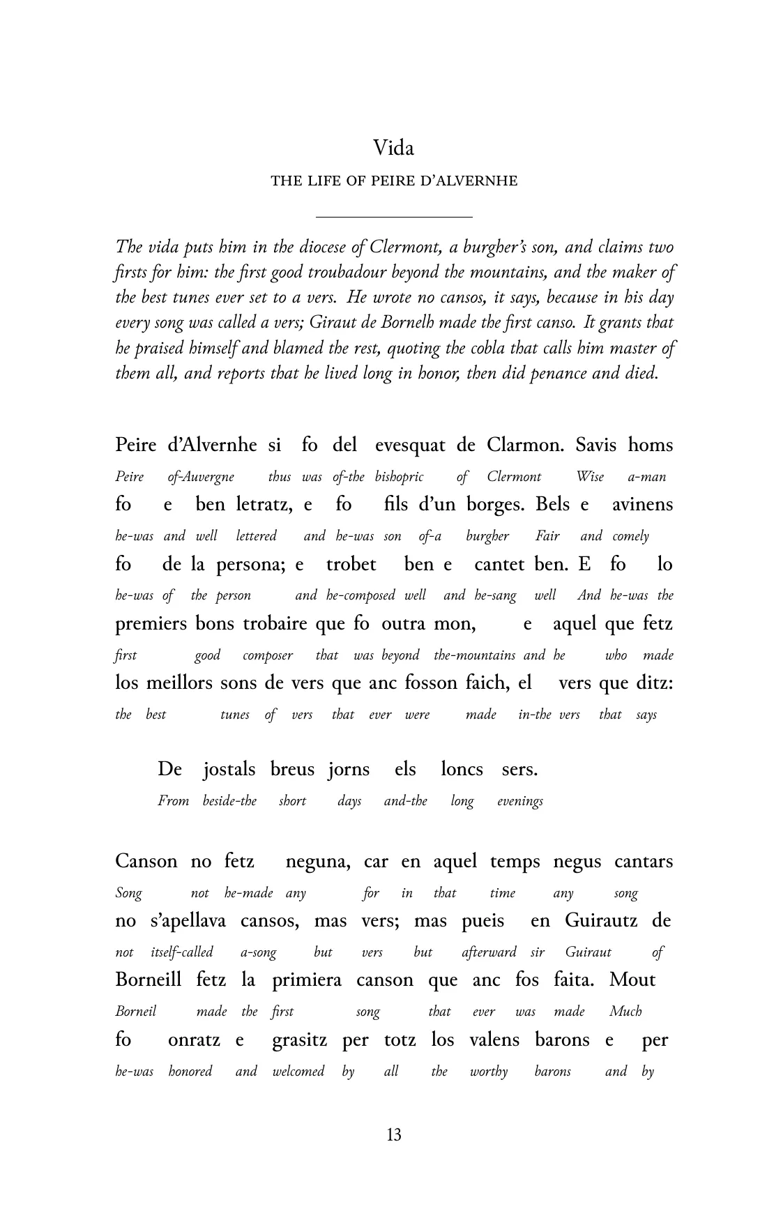 Page 13 of the book: the Old Occitan text with an English word under each word.