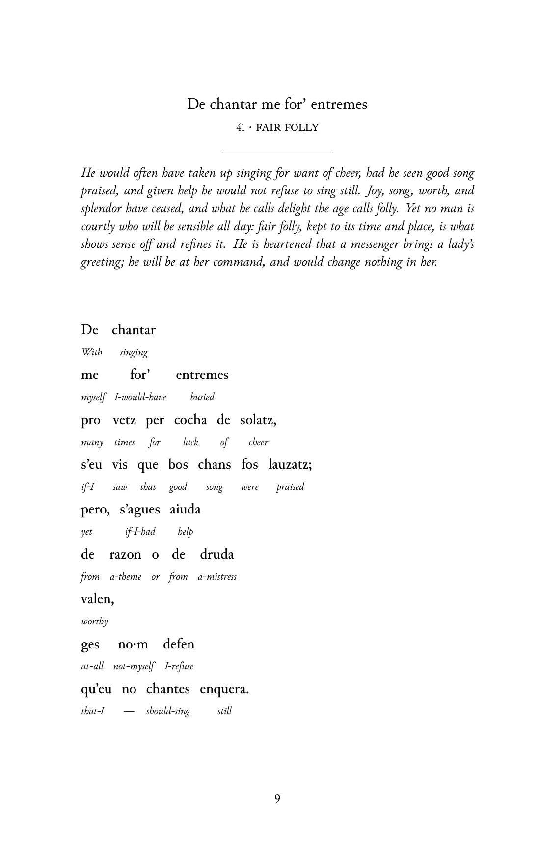 Page 9 of the book: the Old Occitan text with an English word under each word.