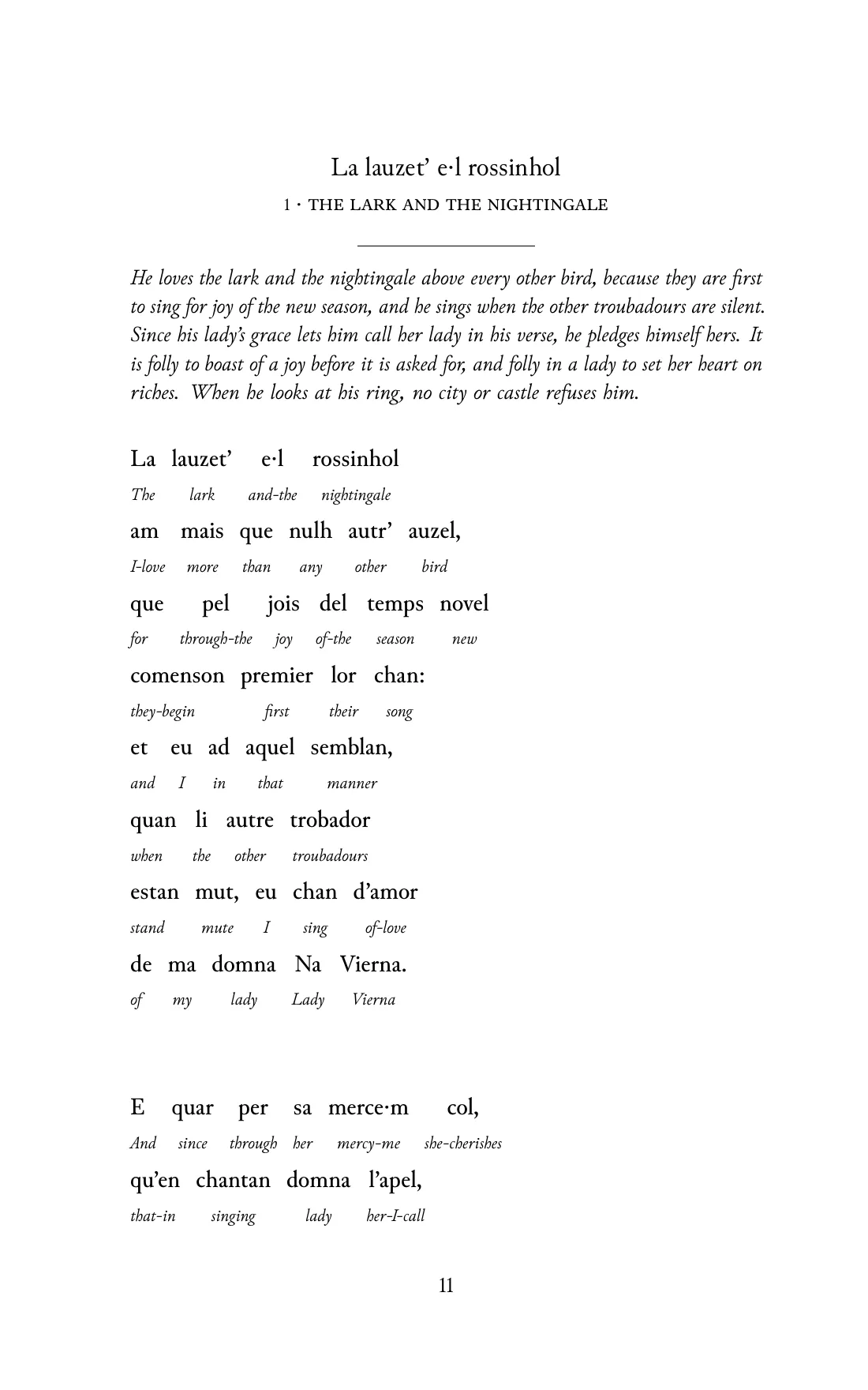 Page 11 of the book: the Old Occitan text with an English word under each word.