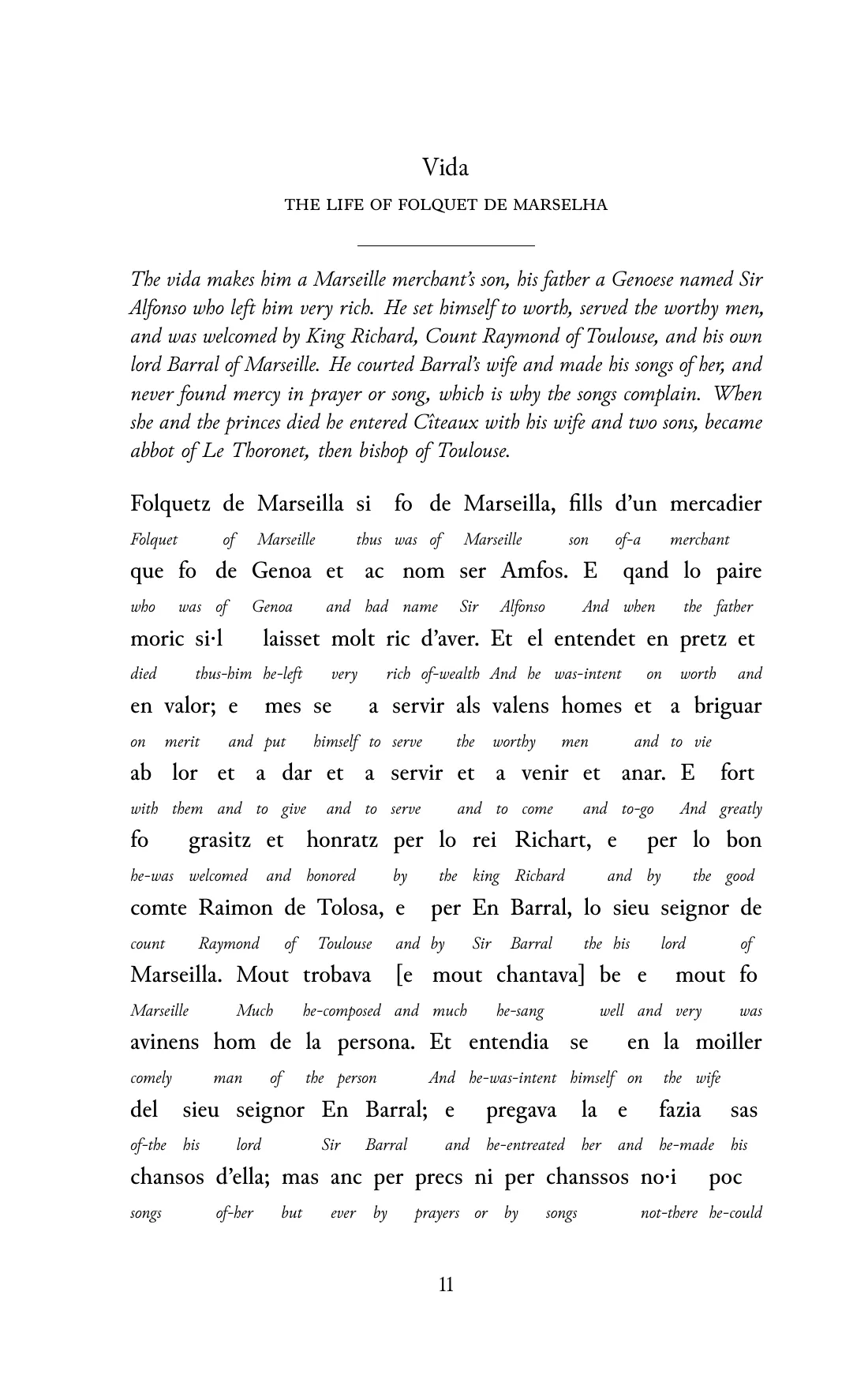 Page 11 of the book: the Old Occitan text with an English word under each word.