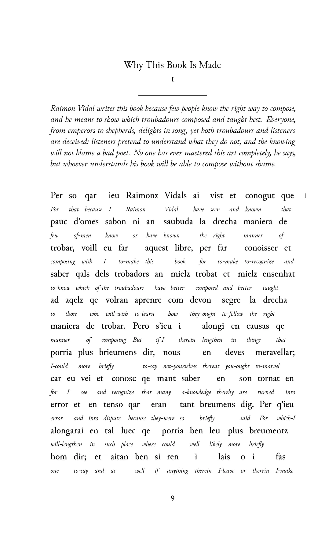 Page 9 of the book: the Old Occitan text with an English word under each word.