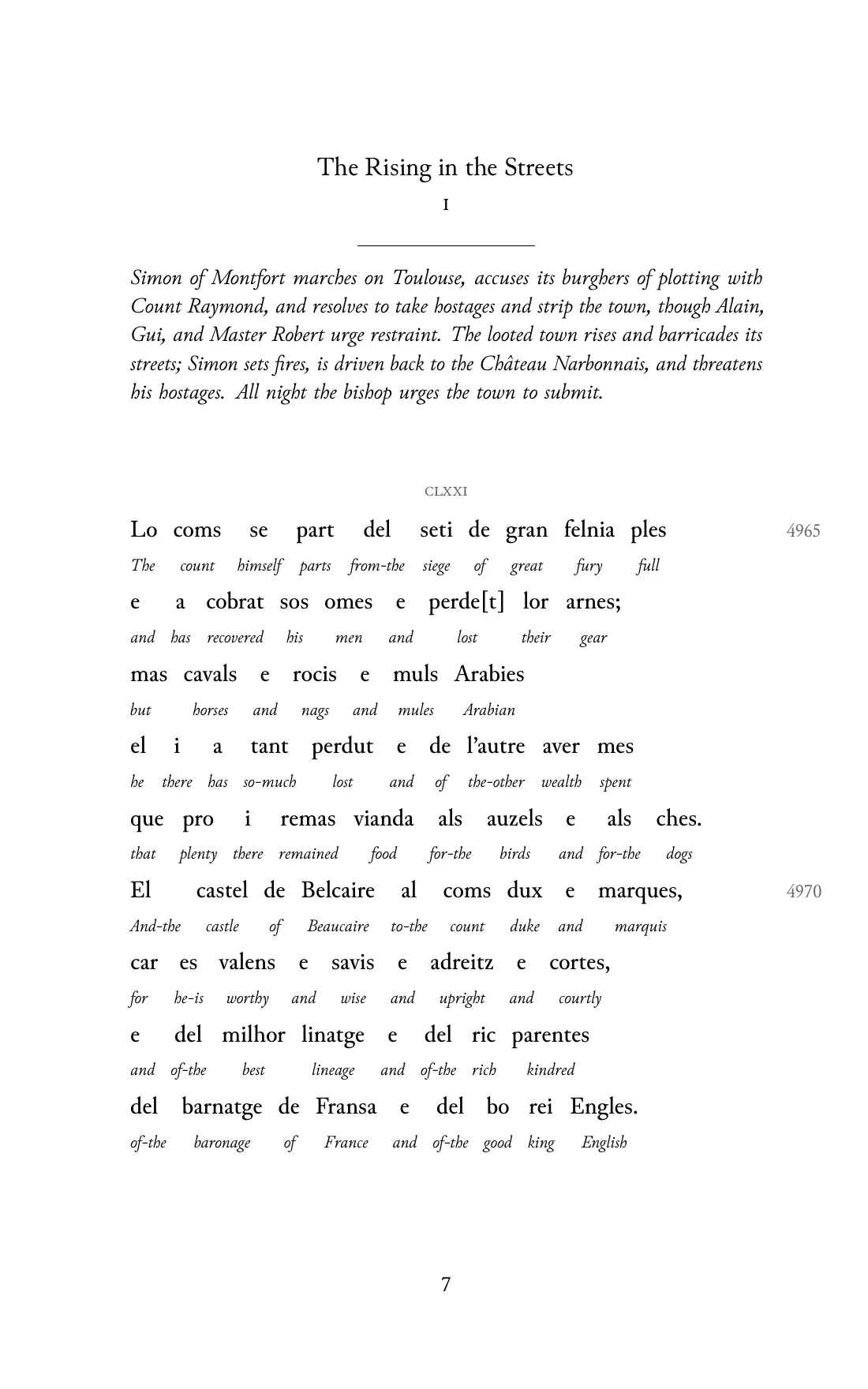 Page 7 of the book: the Old Occitan text with an English word under each word.
