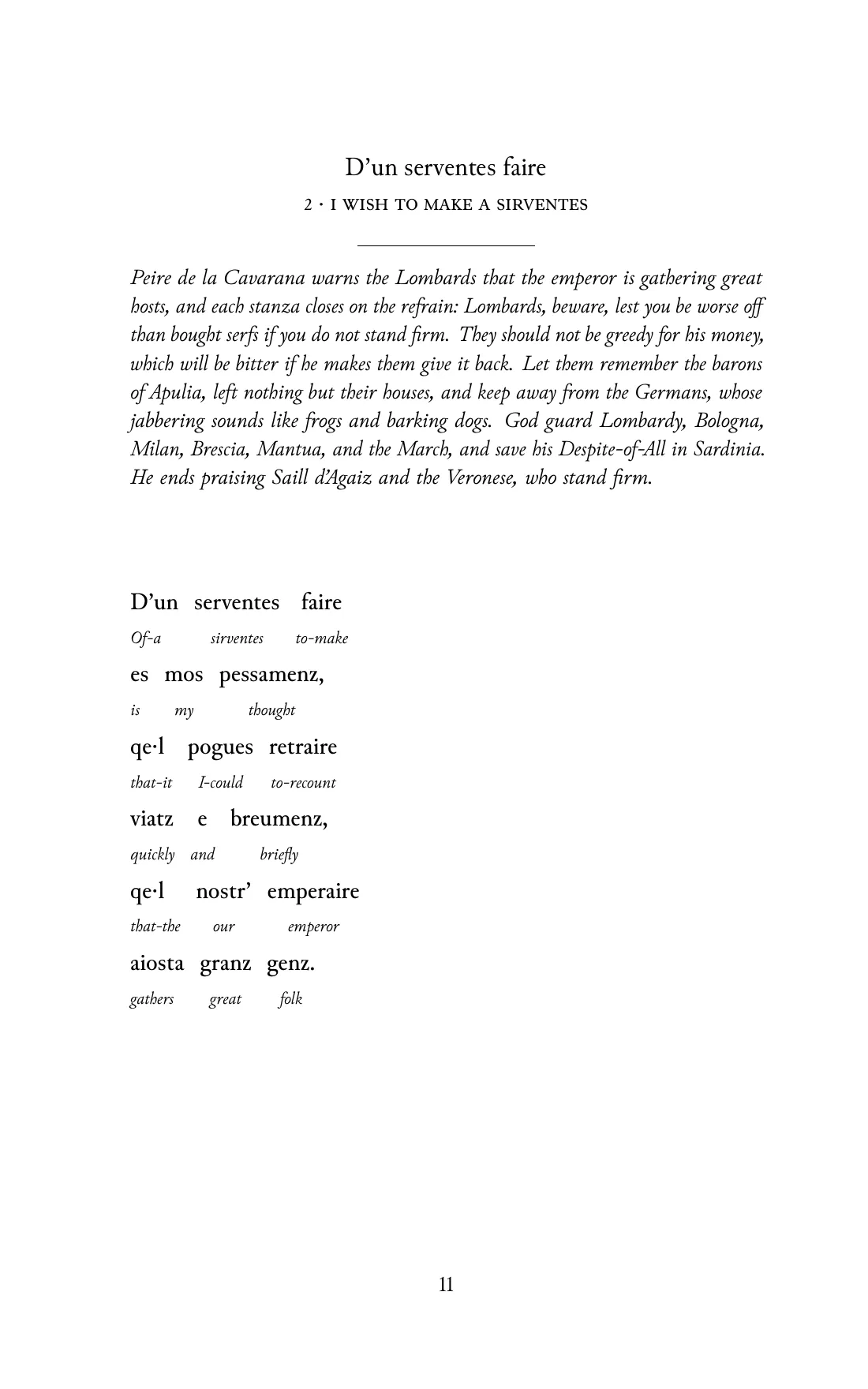 Page 11 of the book: the Old Occitan text with an English word under each word.