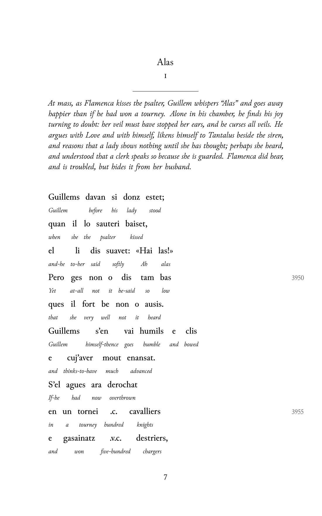Page 7 of the book: the Old Occitan text with an English word under each word.