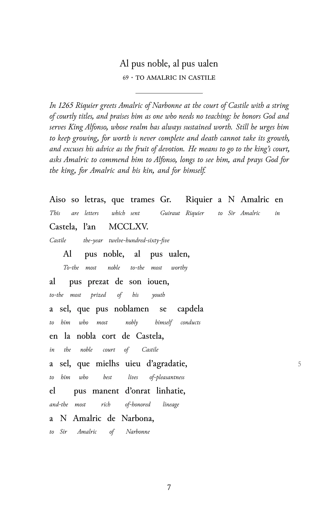 Page 7 of the book: the Old Occitan text with an English word under each word.